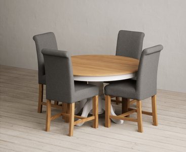 View Hertford 120cm fixed top oak and soft white painted dining table with 6 charcoal grey braced chairs View Hertford 120cm fixed top oak and soft white painted dining table with 6 charcoal grey braced chairs