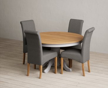 View Hertford 120cm fixed top oak and light grey painted dining table with 4 grey scroll back chairs View Hertford 120cm fixed top oak and light grey painted dining table with 4 grey scroll back chairs
