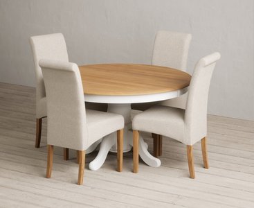 View Hertford 120cm fixed top oak and signal white painted dining table with 4 grey scroll back chairs View Hertford 120cm fixed top oak and signal white painted dining table with 4 grey scroll back chairs