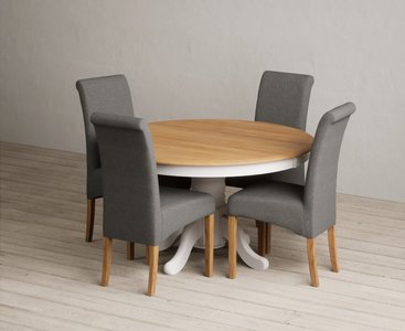 View Hertford 120cm fixed top oak and soft white painted dining table with 4 blue scroll back chairs View Hertford 120cm fixed top oak and soft white painted dining table with 4 blue scroll back chairs