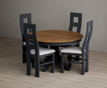 View Hertford 120cm fixed top oak and dark blue painted dining table with 4 blue painted chairs View Hertford 120cm fixed top oak and dark blue painted dining table with 4 blue painted chairs