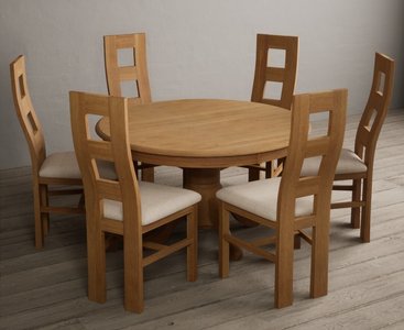 View Hertford 120cm fixed top solid oak round pedestal table with 6 linen natural chairs View Hertford 120cm fixed top solid oak round pedestal table with 6 linen natural chairs