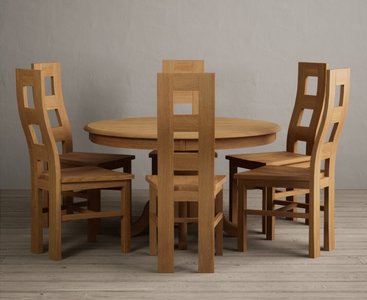 View Hertford 120cm fixed top solid oak round pedestal table with 6 oak natural chairs View Hertford 120cm fixed top solid oak round pedestal table with 6 oak natural chairs