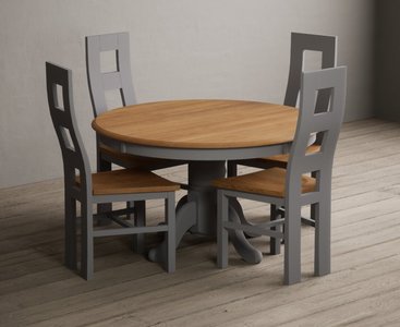View Hertford 120cm fixed top oak and light grey painted dining table with 6 charcoal grey natural chairs View Hertford 120cm fixed top oak and light grey painted dining table with 6 charcoal grey natural chairs