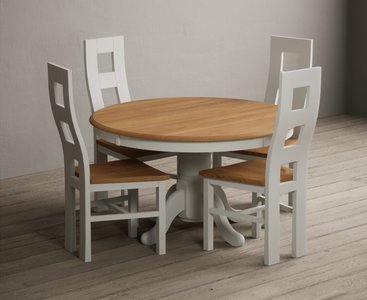 View Hertford 120cm fixed top oak and signal white painted dining table with 4 light grey natural chairs View Hertford 120cm fixed top oak and signal white painted dining table with 4 light grey natural chairs
