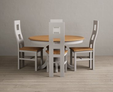 View Hertford 120cm fixed top oak and soft white painted dining table with 6 light grey natural chairs View Hertford 120cm fixed top oak and soft white painted dining table with 6 light grey natural chairs