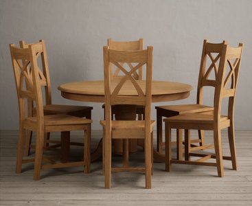 View Hertford 120cm fixed top solid oak round pedestal table with 6 oak natural chairs View Hertford 120cm fixed top solid oak round pedestal table with 6 oak natural chairs