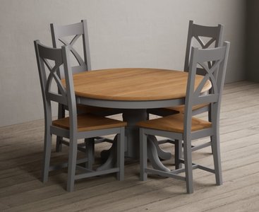 View Hertford 120cm fixed top oak and light grey painted dining table with 6 charcoal grey natural solid oak chairs View Hertford 120cm fixed top oak and light grey painted dining table with 6 charcoal grey natural solid oak chairs