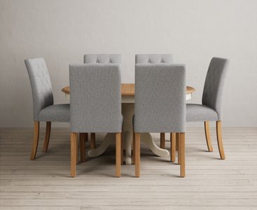View Extending hertford 100cm - 130cm oak and cream painted pedestal dining table with 6 grey isabella chairs View Extending hertford 100cm - 130cm oak and cream painted pedestal dining table with 6 grey isabella chairs