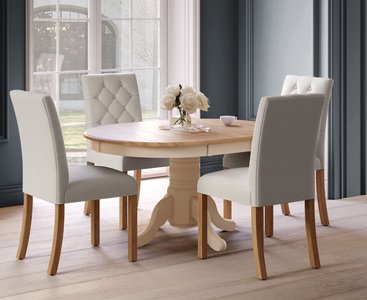 View Extending hertford 100cm - 130cm oak and cream painted pedestal dining table with 4 grey isabella chairs View Extending hertford 100cm - 130cm oak and cream painted pedestal dining table with 4 grey isabella chairs