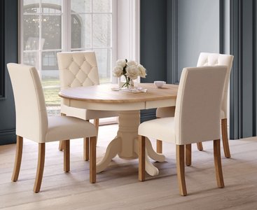 View Extending hertford 100cm - 130cm oak and cream painted pedestal dining table with 4 natural isabella chairs View Extending hertford 100cm - 130cm oak and cream painted pedestal dining table with 4 natural isabella chairs