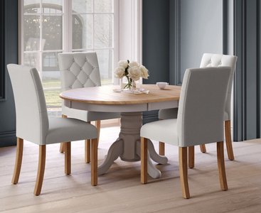 View Extending hertford 100cm - 130cm oak and light grey painted pedestal dining table with 4 grey isabella chairs View Extending hertford 100cm - 130cm oak and light grey painted pedestal dining table with 4 grey isabella chairs