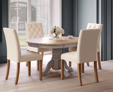 View Extending hertford 100cm - 130cm oak and light grey painted pedestal dining table with 4 natural isabella chairs View Extending hertford 100cm - 130cm oak and light grey painted pedestal dining table with 4 natural isabella chairs