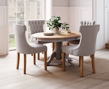 View Extending hertford 100cm - 130cm oak and light grey painted pedestal dining table with 4 grey clara chairs View Extending hertford 100cm - 130cm oak and light grey painted pedestal dining table with 4 grey clara chairs