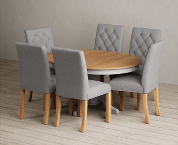 View Extending hertford 100cm - 130cm oak and light grey painted pedestal dining table with 6 grey isabella chairs View Extending hertford 100cm - 130cm oak and light grey painted pedestal dining table with 6 grey isabella chairs
