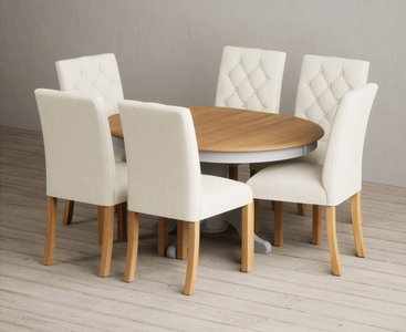 View Extending hertford 100cm - 130cm oak and light grey painted pedestal dining table with 6 grey isabella chairs View Extending hertford 100cm - 130cm oak and light grey painted pedestal dining table with 6 grey isabella chairs