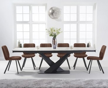 View Extending jacob 180cm white ceramic dining table with 8 brown hendrick chairs View Extending jacob 180cm white ceramic dining table with 8 brown hendrick chairs