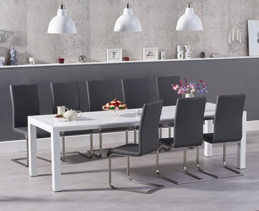 View Extending cleveland white high gloss dining table with 6 grey austin chairs View Extending cleveland white high gloss dining table with 6 grey austin chairs