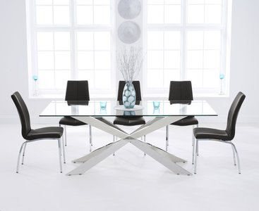View Canova 200cm glass dining table with 8 white marco chairs View Canova 200cm glass dining table with 8 white marco chairs