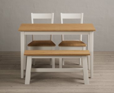 View Kendal 115cm solid oak and cream painted dining table with 4 linen kendal chairs with 1 cream bench View Kendal 115cm solid oak and cream painted dining table with 4 linen kendal chairs with 1 cream bench