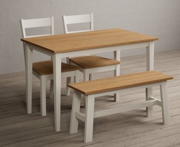 View Kendal 115cm solid oak and cream painted dining table with 2 charcoal grey kendal chairs with 1 cream bench View Kendal 115cm solid oak and cream painted dining table with 2 charcoal grey kendal chairs with 1 cream bench