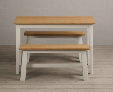 View Kendal 115cm solid oak and cream painted dining table and 2 cream benches View Kendal 115cm solid oak and cream painted dining table and 2 cream benches