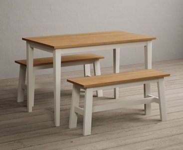 View Kendal 115cm solid oak and cream painted dining table with 2 cream benches View Kendal 115cm solid oak and cream painted dining table with 2 cream benches