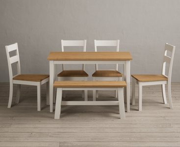 View Kendal 115cm solid oak and cream painted dining table with 4 oak kendal chairs and 2 cream benches View Kendal 115cm solid oak and cream painted dining table with 4 oak kendal chairs and 2 cream benches