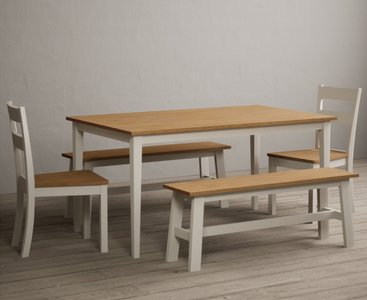 View Kendal 150cm solid oak and cream painted dining table with 2 charcoal grey kendal chairs with 1 cream bench View Kendal 150cm solid oak and cream painted dining table with 2 charcoal grey kendal chairs with 1 cream bench