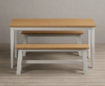View Kendal 150cm solid oak and signal white painted dining table with 2 white benches View Kendal 150cm solid oak and signal white painted dining table with 2 white benches