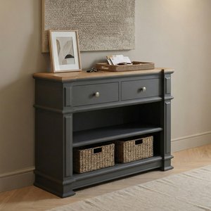 View Lawson oak and charcoal grey painted console table View Lawson oak and charcoal grey painted console table