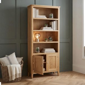 View Tall solid oak bookcase with shelves View Tall solid oak bookcase with shelves