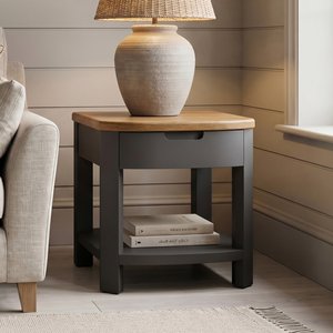 View Bradwell oak and charcoal painted 1 drawer lamp table View Bradwell oak and charcoal painted 1 drawer lamp table