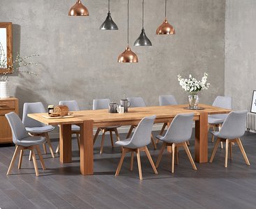 View Extending sheringham 200cm solid oak dining table with 8 light grey orson chairs View Extending sheringham 200cm solid oak dining table with 8 light grey orson chairs