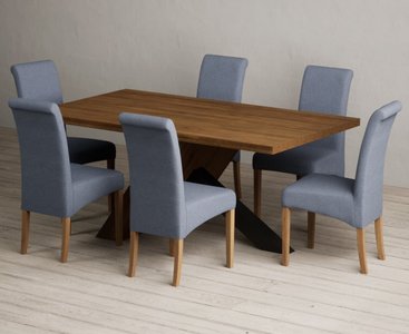 View Michigan 180cm rustic oak and metal black leg industrial dining table with 6 blue scroll back chairs View Michigan 180cm rustic oak and metal black leg industrial dining table with 6 blue scroll back chairs