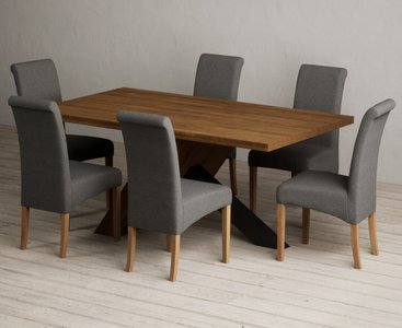 View Michigan 180cm black leg industrial dining table with 6 charcoal grey scroll back chairs View Michigan 180cm black leg industrial dining table with 6 charcoal grey scroll back chairs