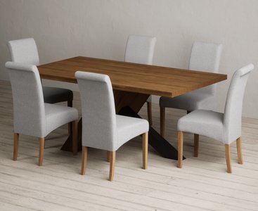 View Michigan 180cm black leg industrial dining table with 6 grey scroll back chairs View Michigan 180cm black leg industrial dining table with 6 grey scroll back chairs