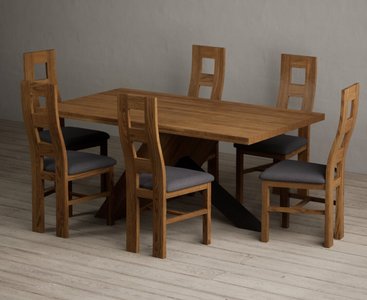 View Michigan 180cm rustic oak and metal black leg industrial dining table with 6 blue rustic solid oak chairs View Michigan 180cm rustic oak and metal black leg industrial dining table with 6 blue rustic solid oak chairs