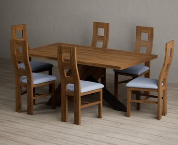 View Michigan 180cm black leg industrial dining table with 6 blue rustic solid oak chairs View Michigan 180cm black leg industrial dining table with 6 blue rustic solid oak chairs