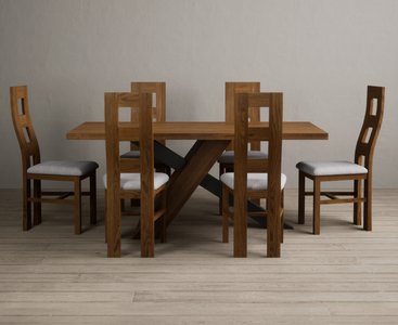 View Michigan 180cm black leg industrial dining table with 6 light grey rustic solid oak chairs View Michigan 180cm black leg industrial dining table with 6 light grey rustic solid oak chairs