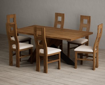 View Michigan 180cm black leg industrial dining table with 6 linen rustic solid oak chairs View Michigan 180cm black leg industrial dining table with 6 linen rustic solid oak chairs