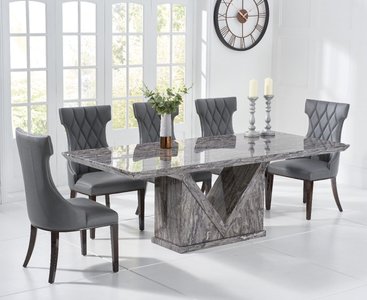 View Milan 180cm grey marble dining table with 6 grey sophia chairs View Milan 180cm grey marble dining table with 6 grey sophia chairs