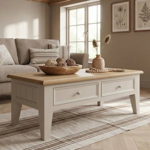 View Weymouth oak and soft white painted 4 drawer coffee table View Weymouth oak and soft white painted 4 drawer coffee table