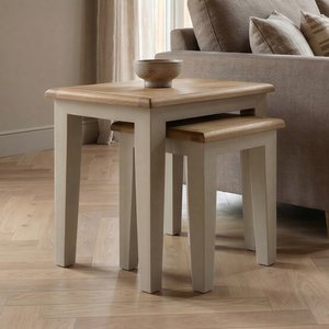 View Weymouth oak and soft white painted nest of tables View Weymouth oak and soft white painted nest of tables