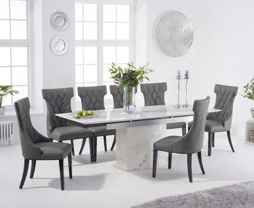 View Extending savona 160cm white ceramic dining table with 6 grey sophia chairs View Extending savona 160cm white ceramic dining table with 6 grey sophia chairs