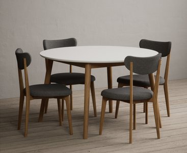 View Nordic 120cm round oak and signal white dining table with 4 grey nordic chairs View Nordic 120cm round oak and signal white dining table with 4 grey nordic chairs