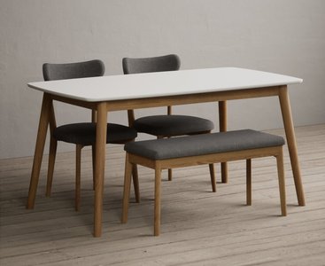 Photo of nordic 150cm solid oak and signal white painted dining table with 2 grey nordic chairs with 1 grey bench