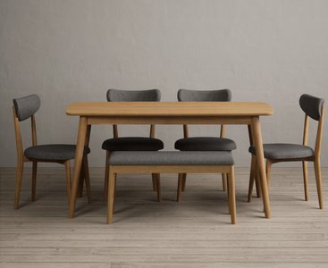 Photo of nordic 150cm solid oak dining table with 4 grey nordic chairs and 1 grey bench