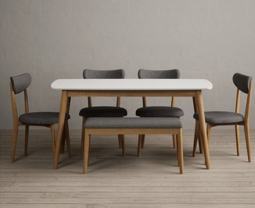 View Nordic 150cm solid oak and signal white painted dining table with 2 grey nordic chairs with 2 grey benches View Nordic 150cm solid oak and signal white painted dining table with 2 grey nordic chairs with 2 grey benches