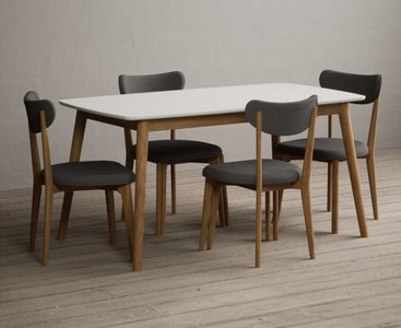 View Nordic 150cm solid oak and signal white painted dining table with 4 grey nordic chairs View Nordic 150cm solid oak and signal white painted dining table with 4 grey nordic chairs